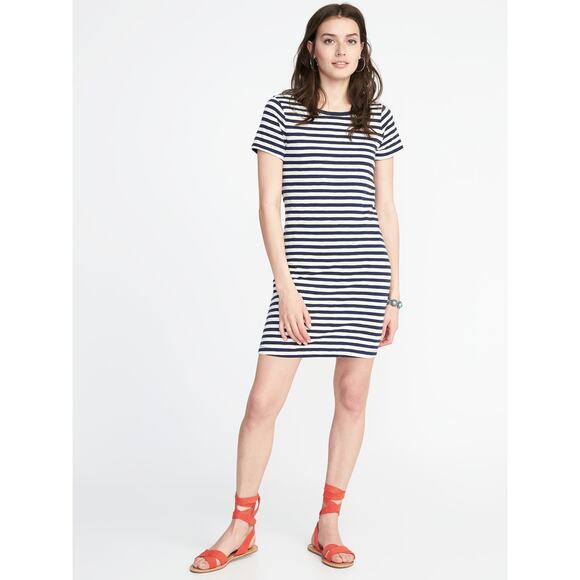 Old Navy Blue White Striped Short Sleeve Mini T-Shirt Dress Women's Size Medium - Picture 1 of 6